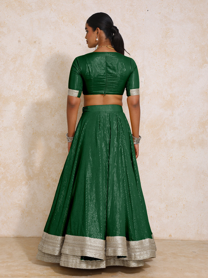 Vareesha x Tyohaar | Dark Green Silver Stripe Cotton FlareFit™ Lehenga Set with Dupatta-Binks