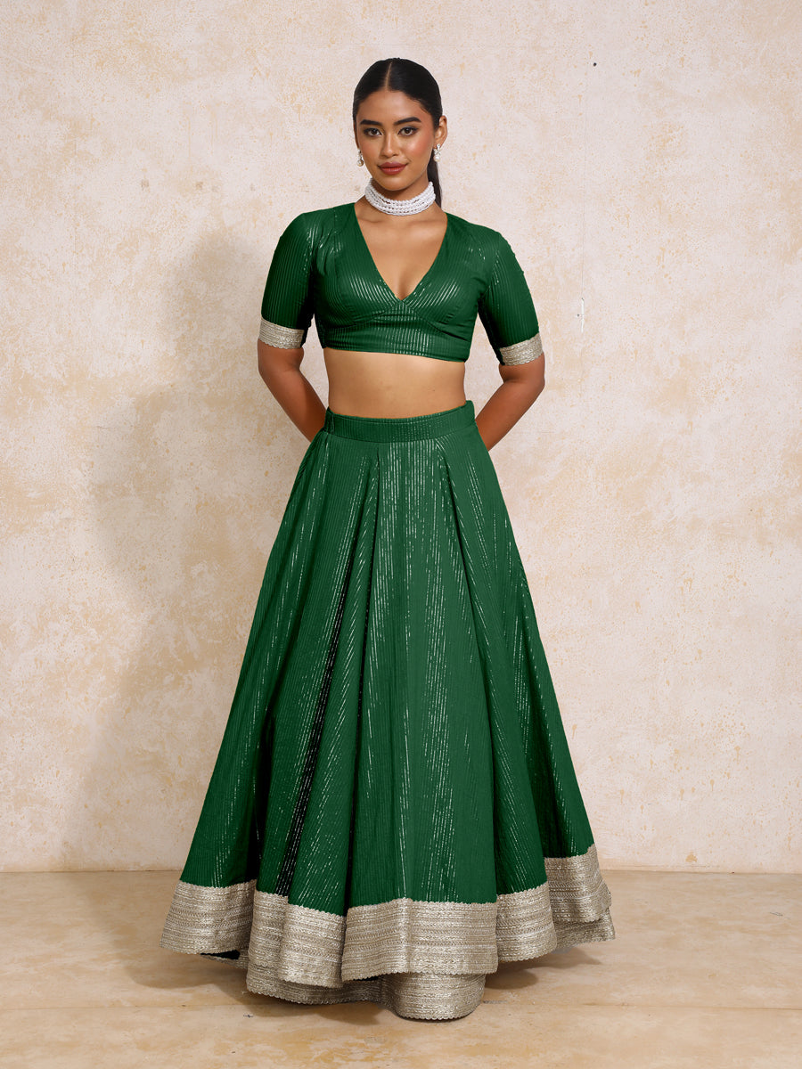 Vareesha x Tyohaar Lehenga Set, in Green 100% Cotton & Lurex, featuring elbow sleeves and v-neckline (view 8).