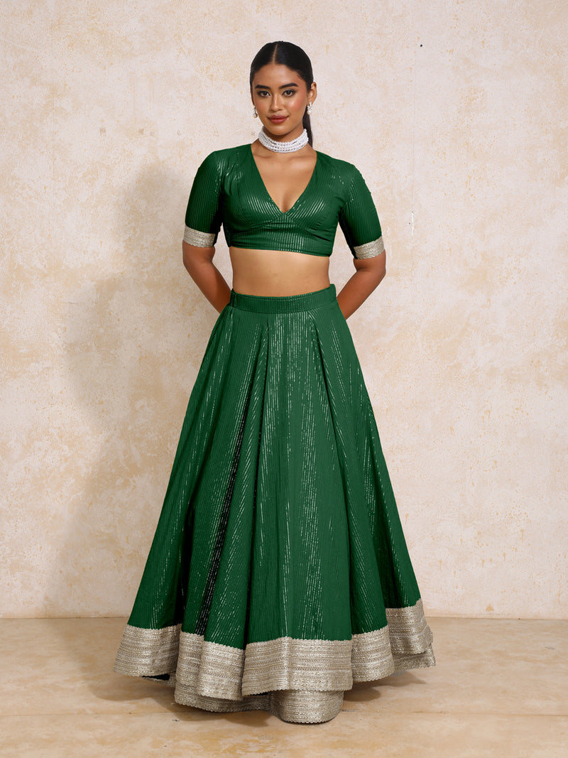 Vareesha x Tyohaar | Dark Green Silver Stripe Cotton FlareFit™ Lehenga Set with Dupatta-Binks