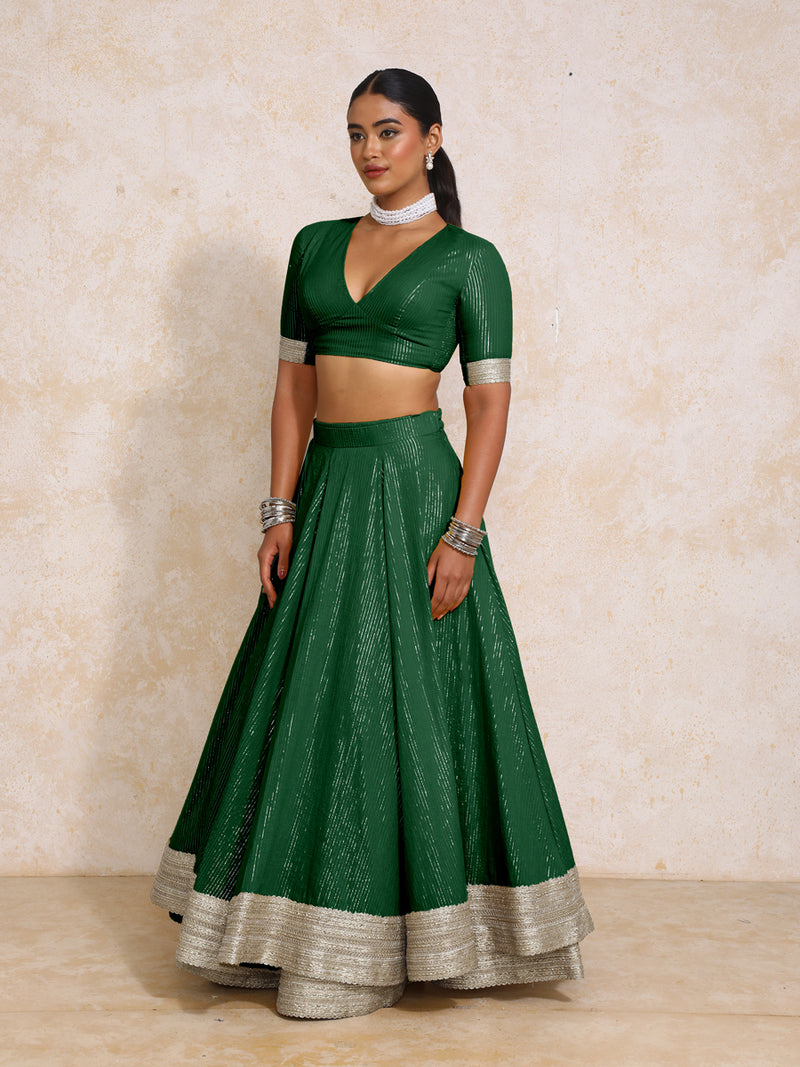 Vareesha x Tyohaar | Dark Green Silver Stripe Cotton FlareFit™ Lehenga Set with Dupatta-Binks
