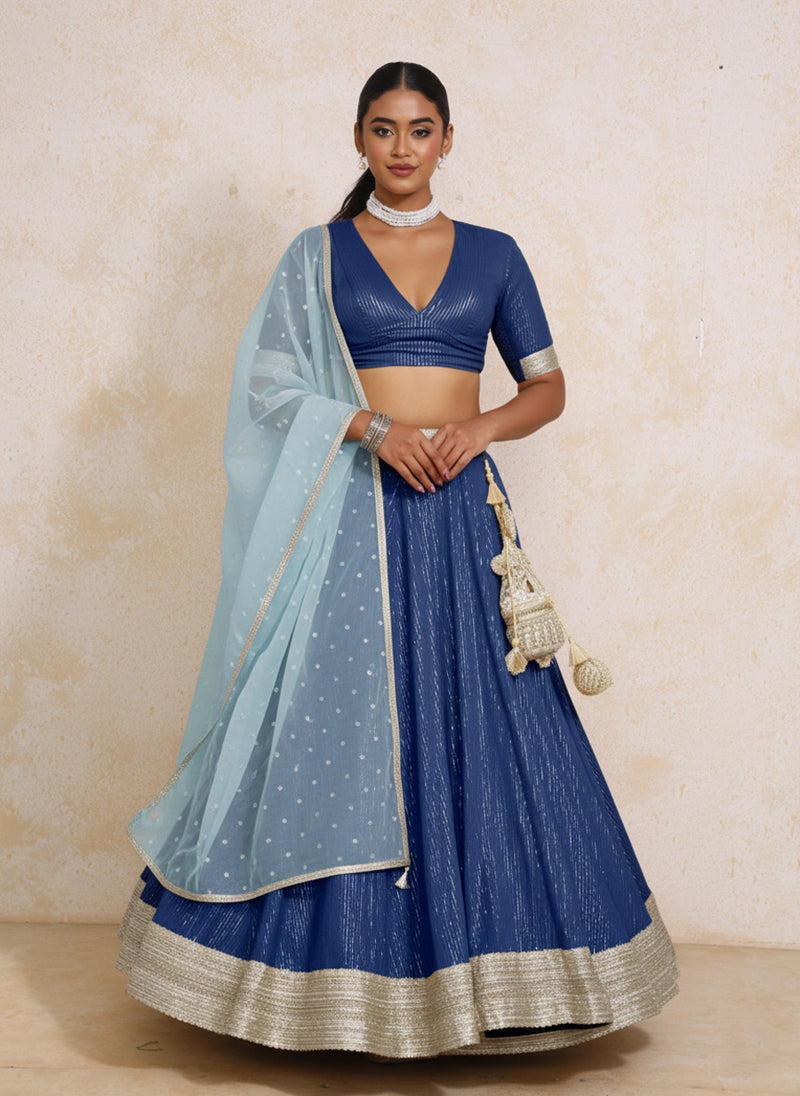 Vareesha x Tyohaar | Indigo Silver Stripe Cotton FlareFit™ Lehenga Set with Dupatta-Binks