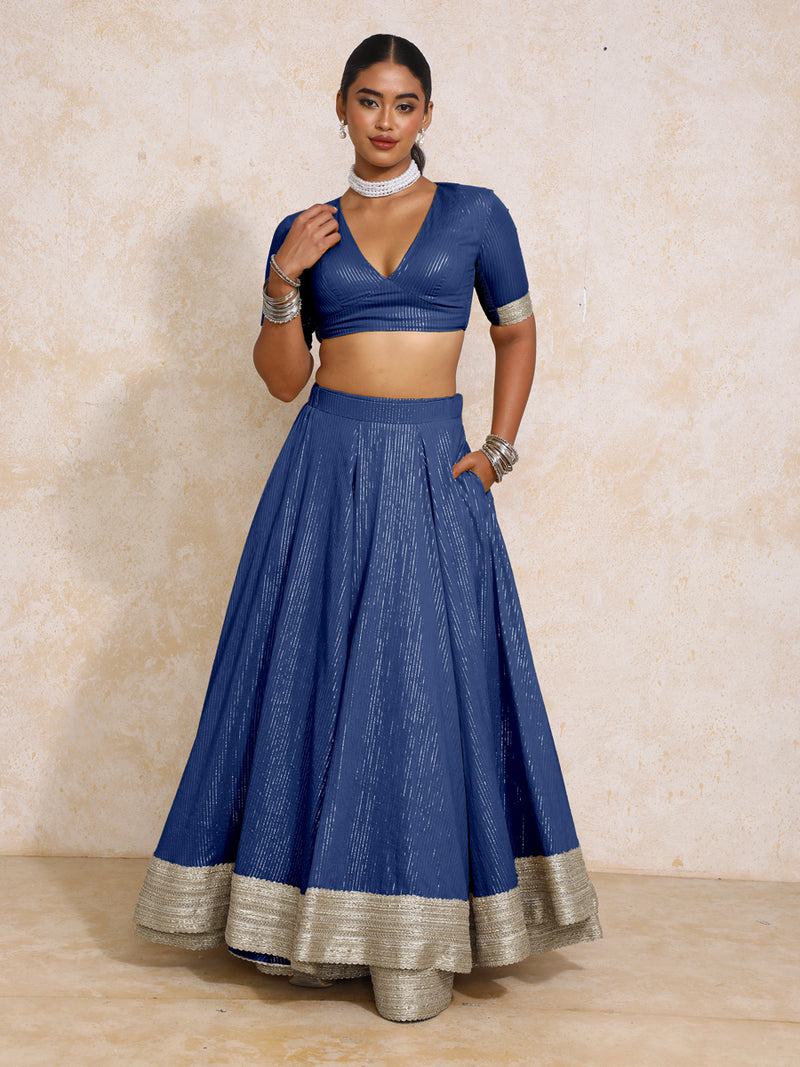 Vareesha x Tyohaar | Indigo Silver Stripe Cotton FlareFit™ Lehenga Set with Dupatta-Binks