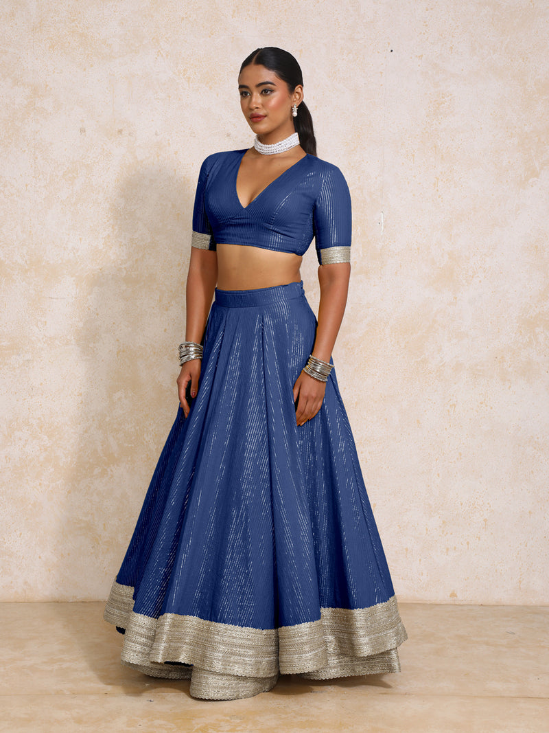 Vareesha x Tyohaar | Indigo Silver Stripe Cotton FlareFit™ Lehenga Set with Dupatta-Binks