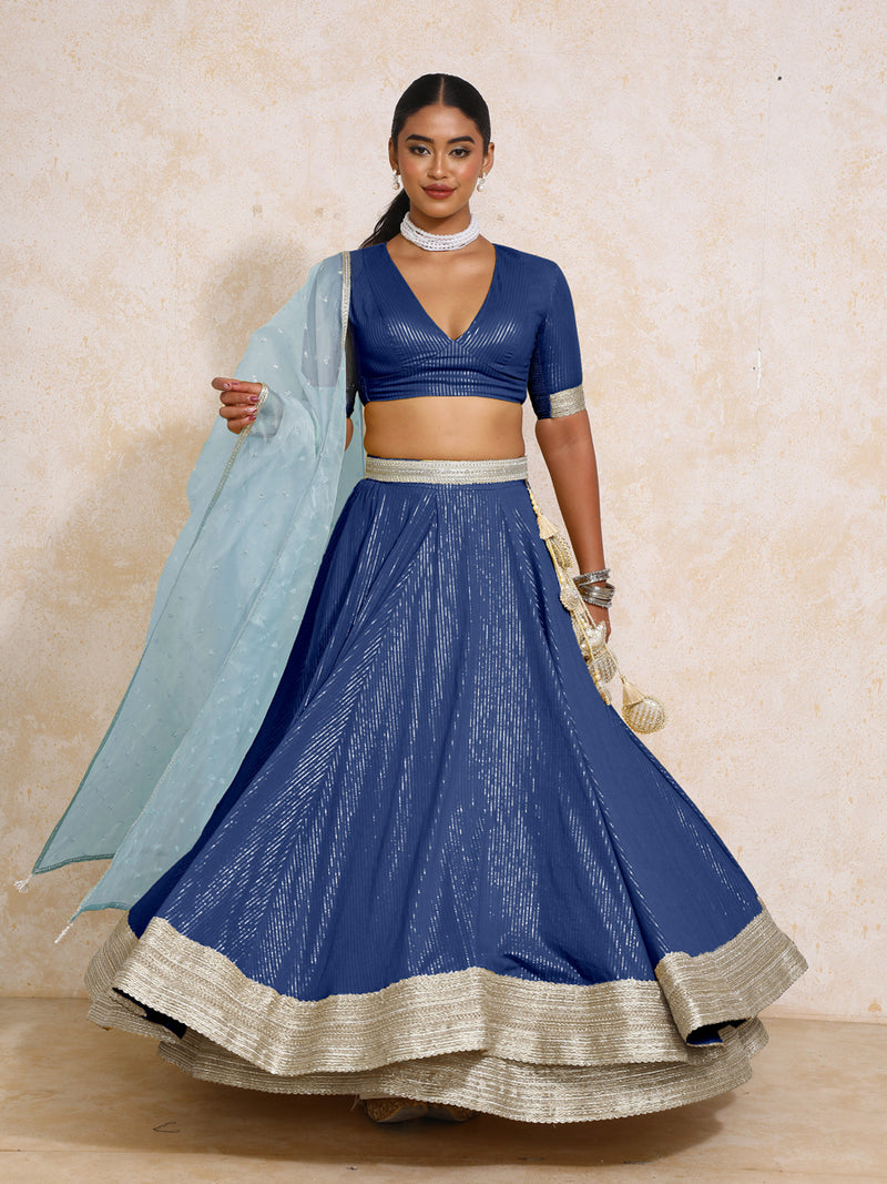 Vareesha x Tyohaar | Indigo Silver Stripe Cotton FlareFit™ Lehenga Set with Dupatta-Binks
