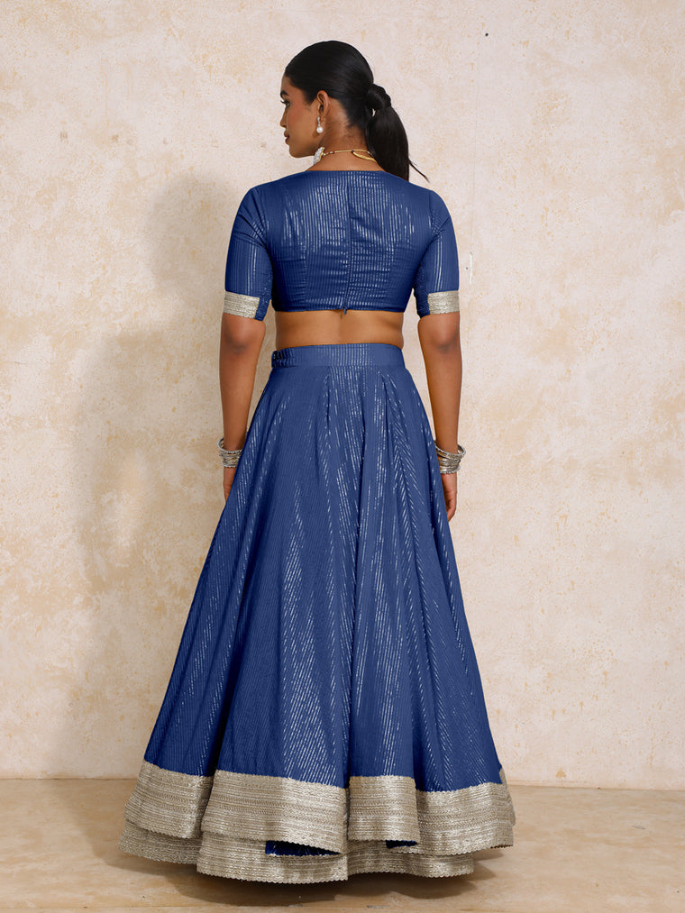 Vareesha x Tyohaar Lehenga Set, in Blue 100% Cotton & Lurex, featuring elbow sleeves and v-neckline (view 2).