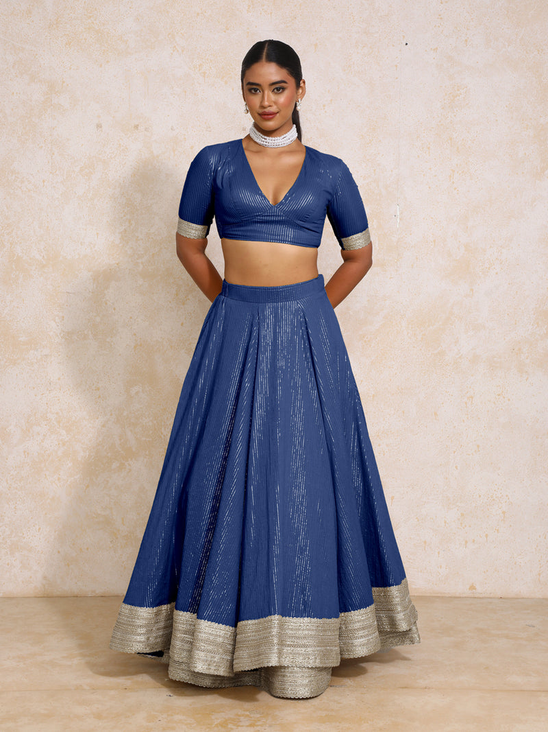 Vareesha x Tyohaar | Indigo Silver Stripe Cotton FlareFit™ Lehenga Set with Dupatta-Binks
