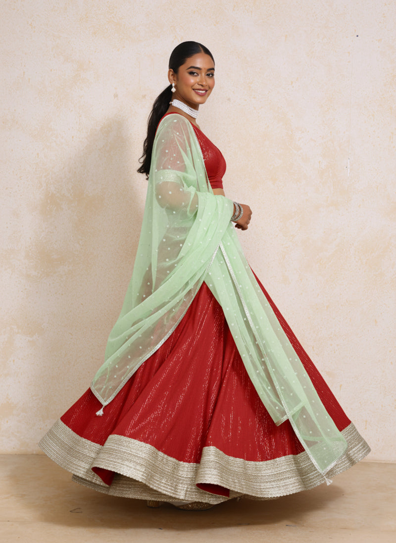 Vareesha x Tyohaar | Red Silver Stripe Cotton FlareFit™ Lehenga Set with Dupatta-Binks