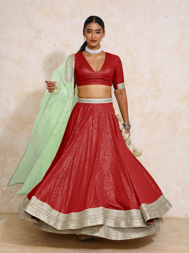Vareesha x Tyohaar | Red Silver Stripe Cotton FlareFit™ Lehenga Set with Dupatta-Binks