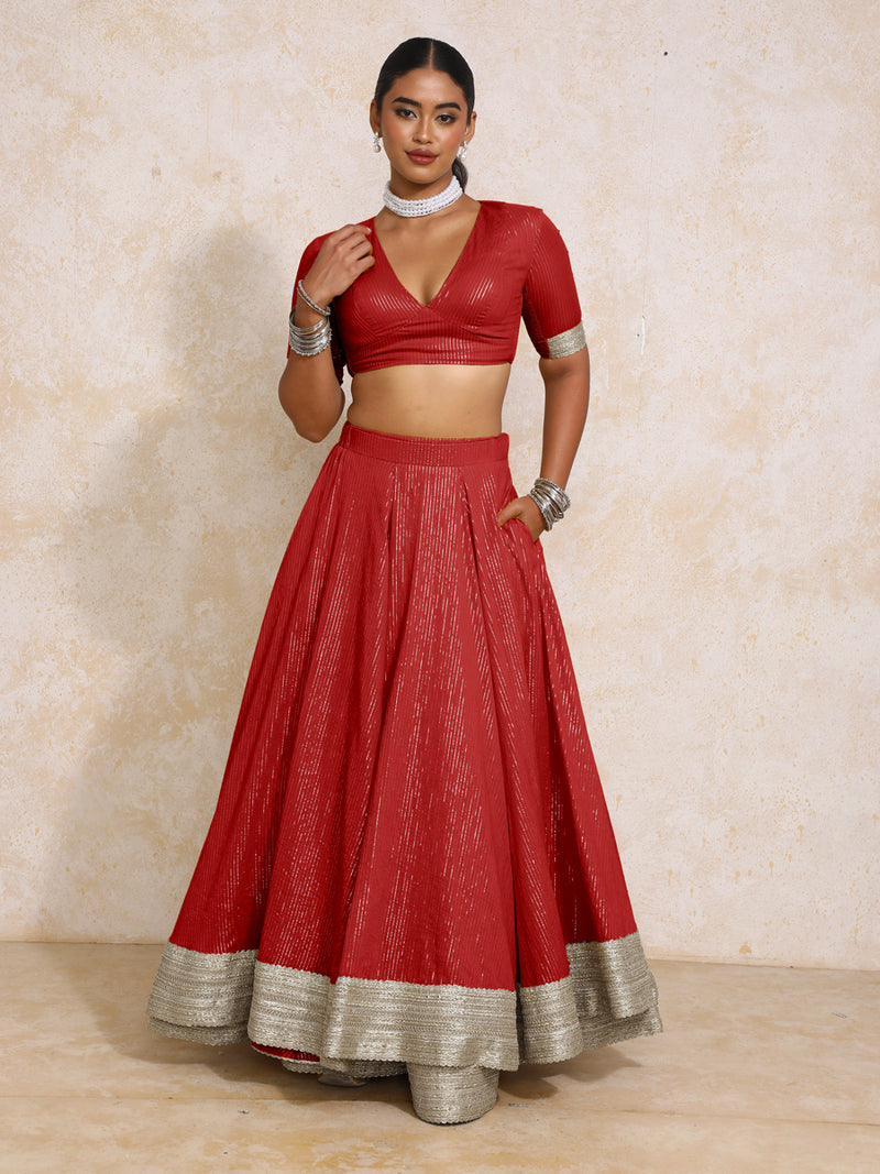 Vareesha x Tyohaar | Red Silver Stripe Cotton FlareFit™ Lehenga Set with Dupatta-Binks