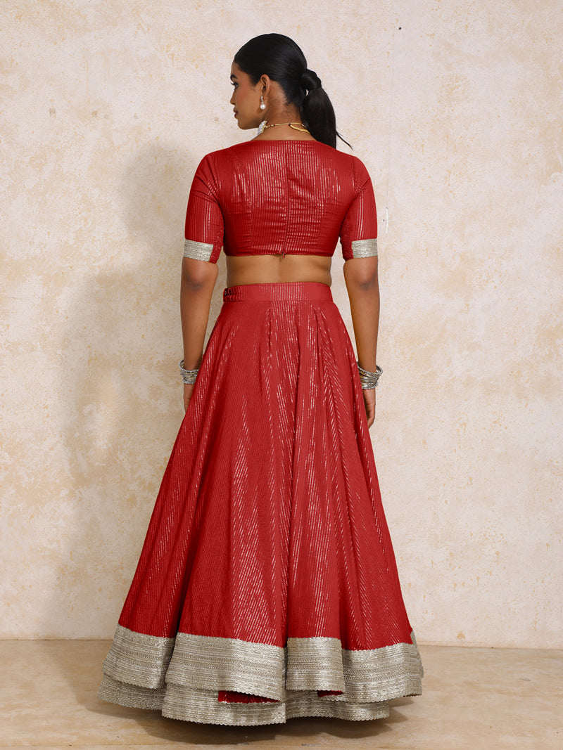 Vareesha x Tyohaar | Red Silver Stripe Cotton FlareFit™ Lehenga Set with Dupatta-Binks