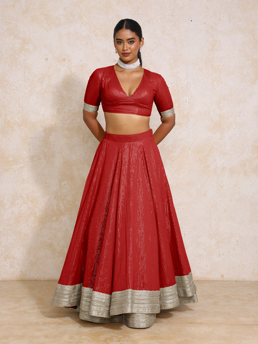 Vareesha x Tyohaar Lehenga Set, in Red 100% Cotton & Lurex, featuring elbow sleeves and v-neckline, made for party & festive.