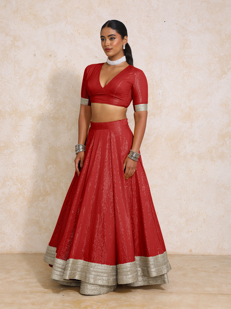 Vareesha x Tyohaar | Red Silver Stripe Cotton FlareFit™ Lehenga Set with Dupatta-Binks