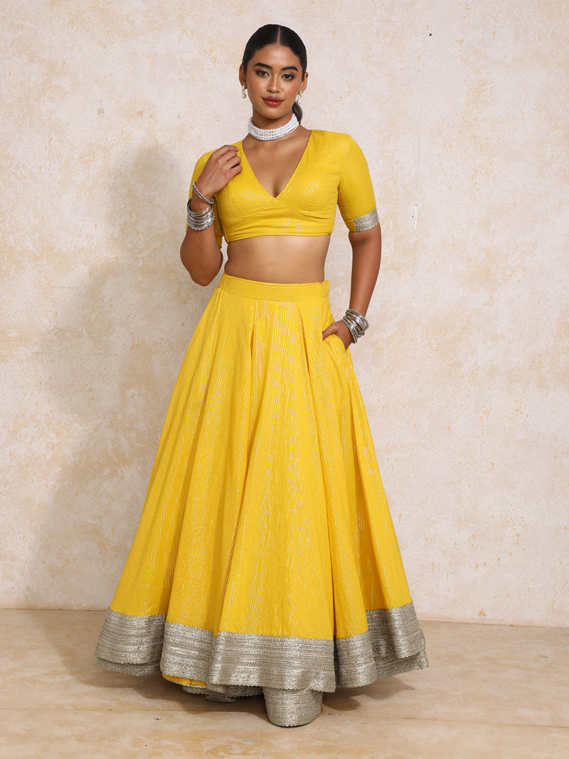 Vareesha x Tyohaar | Turmeric Yellow Silver Stripe Cotton FlareFit™ Lehenga Set with Dupatta-Binks