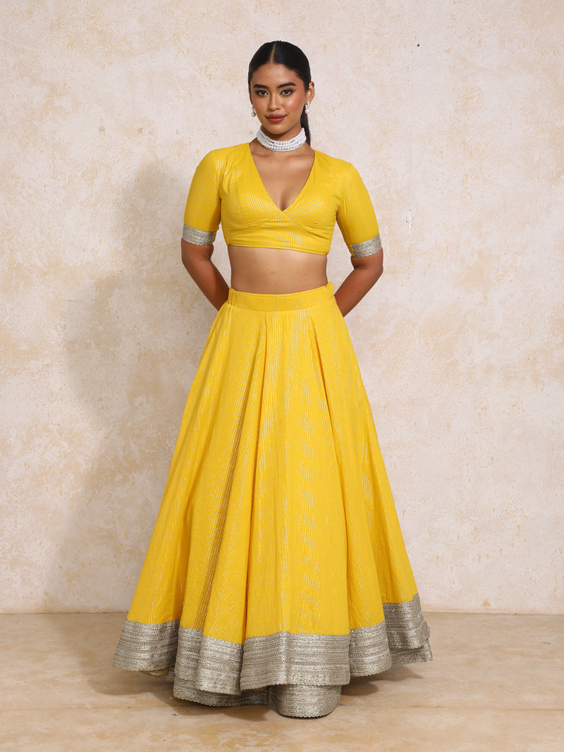 Vareesha x Tyohaar | Turmeric Yellow Silver Stripe Cotton FlareFit™ Lehenga Set with Dupatta-Binks
