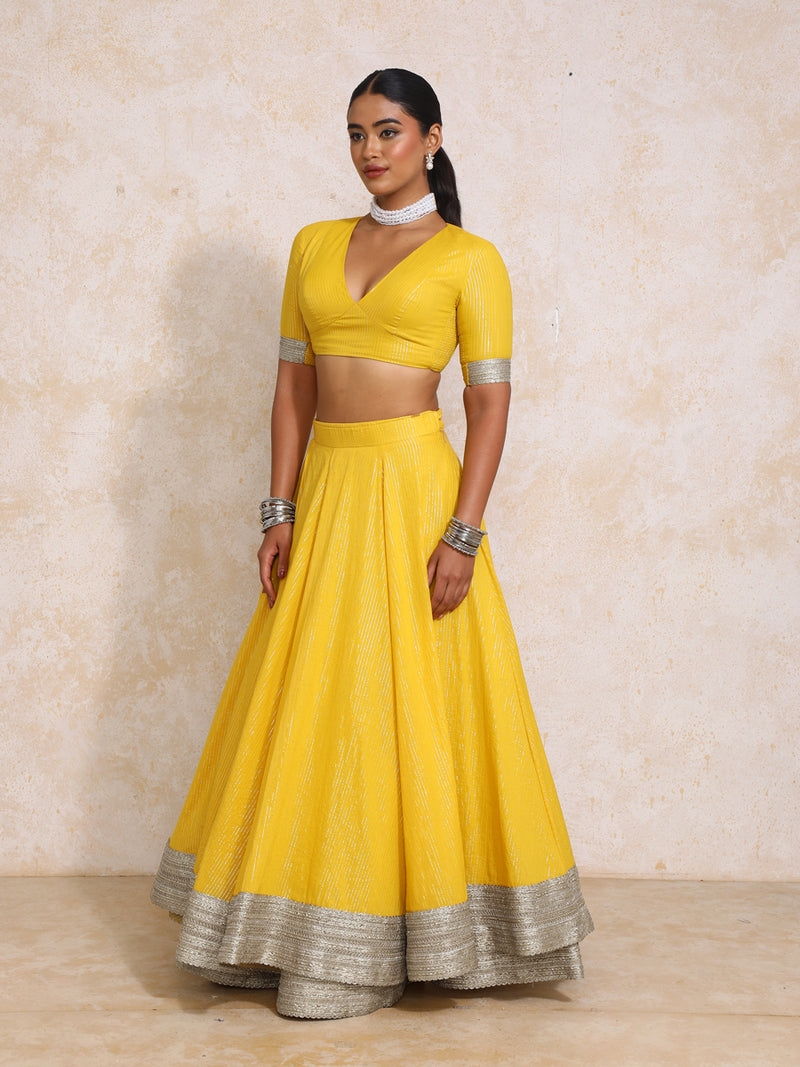 Vareesha x Tyohaar | Turmeric Yellow Silver Stripe Cotton FlareFit™ Lehenga Set with Dupatta-Binks
