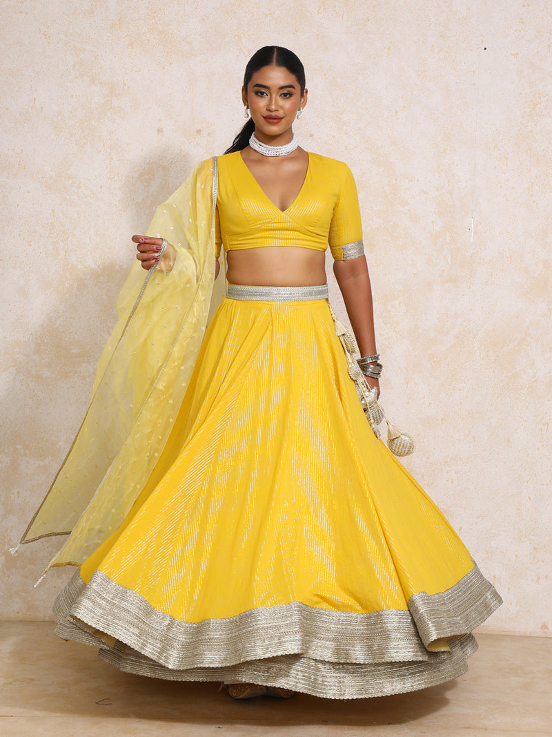 Vareesha x Tyohaar | Turmeric Yellow Silver Stripe Cotton FlareFit™ Lehenga Set with Dupatta-Binks
