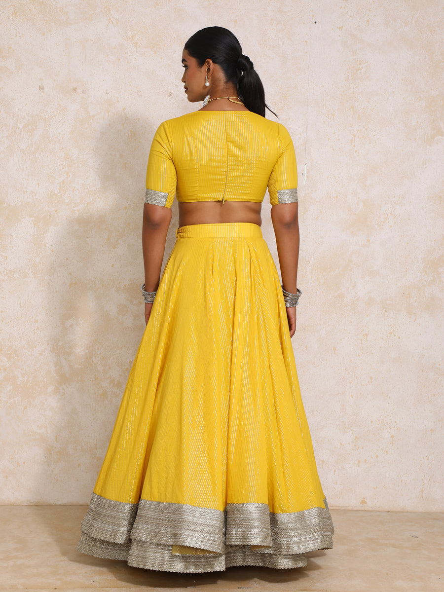 Vareesha x Tyohaar Lehenga Set, in Yellow 100% Cotton & Lurex, featuring elbow sleeves and v-neckline (view 2).