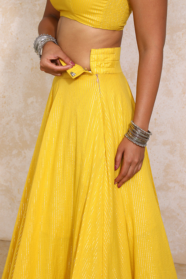 Vareesha x Tyohaar | Turmeric Yellow Silver Stripe Cotton FlareFit™ Lehenga Set with Dupatta-Binks