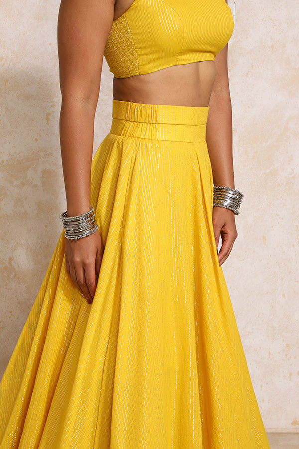 Vareesha x Tyohaar | Turmeric Yellow Silver Stripe Cotton FlareFit™ Lehenga Set with Dupatta-Binks