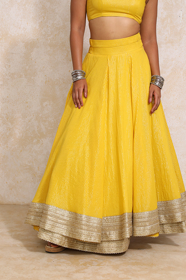Vareesha x Tyohaar | Turmeric Yellow Silver Stripe Cotton FlareFit™ Lehenga Set with Dupatta-Binks