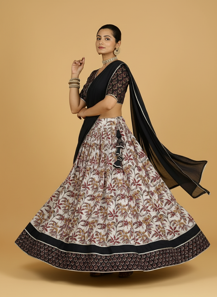 Vilas x Tyohaar Lehenga Set, in Black 100% Cotton - Block Printed, featuring elbow sleeves and v-neckline.