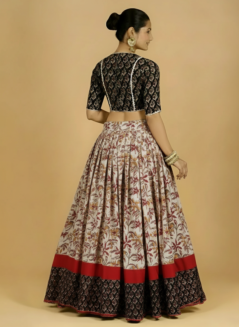 Vilas x Tyohaar | White & Black Navratri Handblock Printed Lehenga Set-Binks