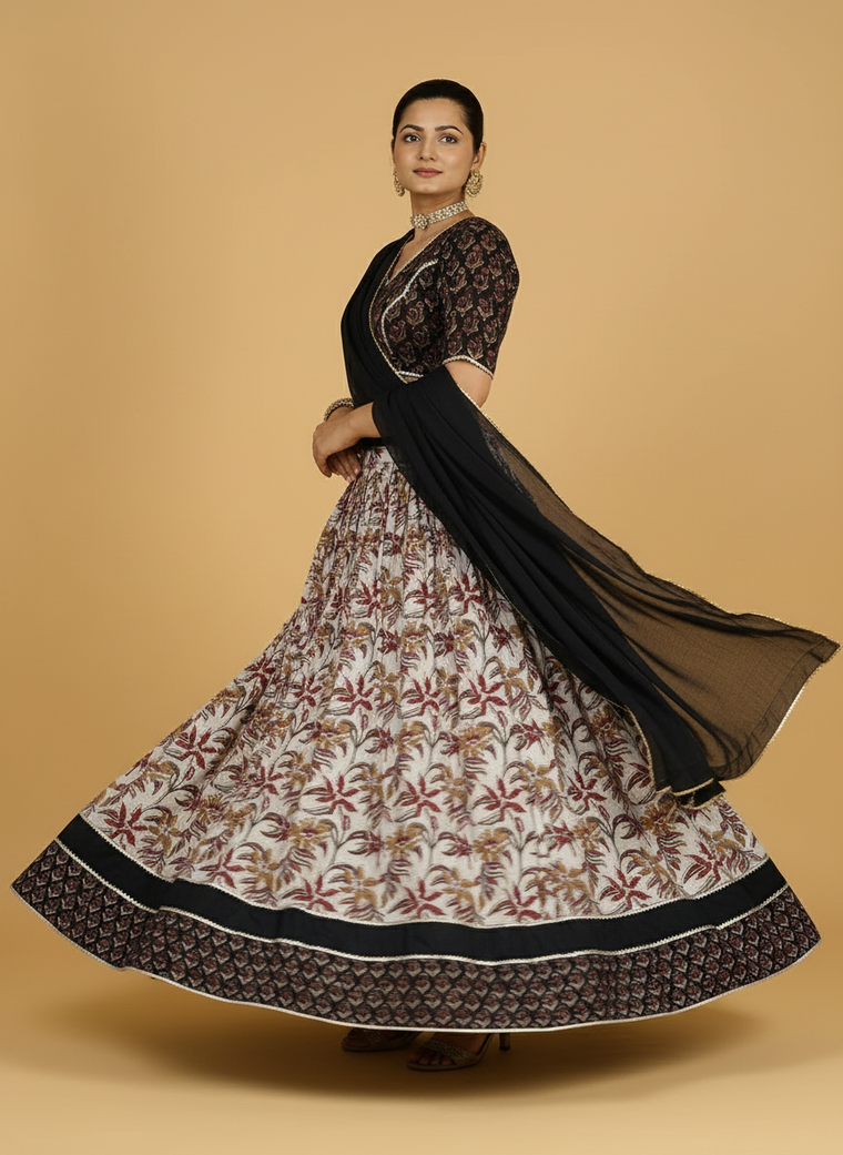 Vilas x Tyohaar Lehenga Set, in Black 100% Cotton - Block Printed, featuring elbow sleeves and v-neckline (view 3).