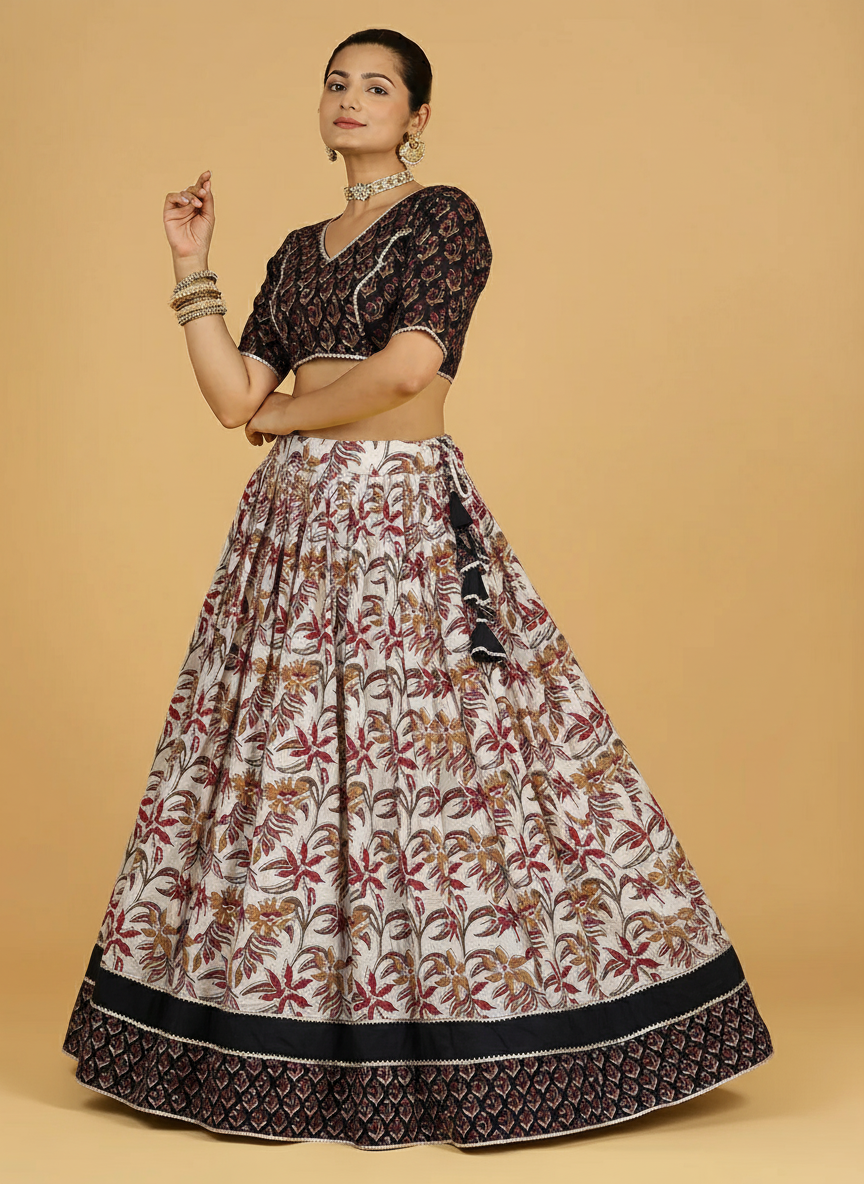 Vilas x Tyohaar Lehenga Set, in Black 100% Cotton - Block Printed, featuring elbow sleeves and v-neckline (view 4).