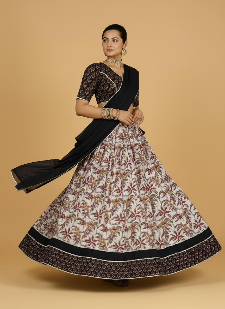 Vilas x Tyohaar Lehenga Set, in Black 100% Cotton - Block Printed, featuring elbow sleeves and v-neckline (view 5).