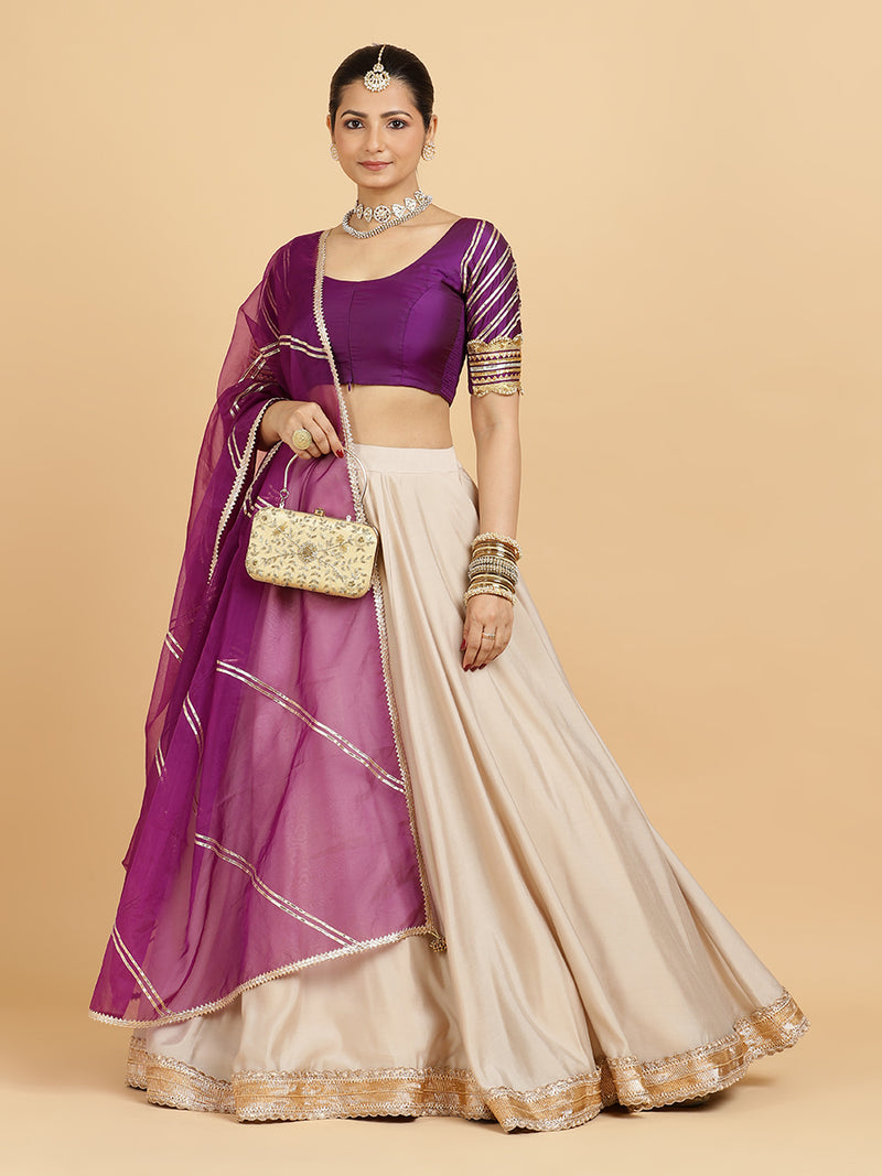 Zainab Anisha 4-Pc Lehenga Set x Tyohaar | Oyster Grey Lehenga, Purple Blouse with Falak Purple Dupatta and Cancan Skirt-Binks