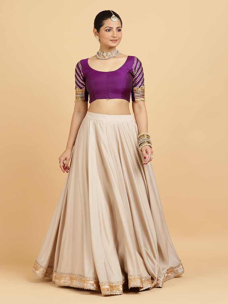 Zainab Anisha 4-Pc Lehenga Set x Tyohaar | Oyster Grey Lehenga, Purple Blouse with Falak Purple Dupatta and Cancan Skirt-Binks