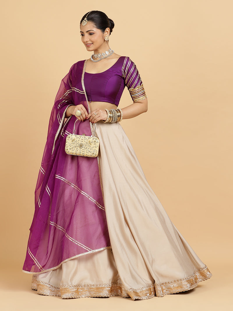Zainab Anisha 4-Pc Lehenga Set x Tyohaar | Oyster Grey Lehenga, Purple Blouse with Falak Purple Dupatta and Cancan Skirt-Binks