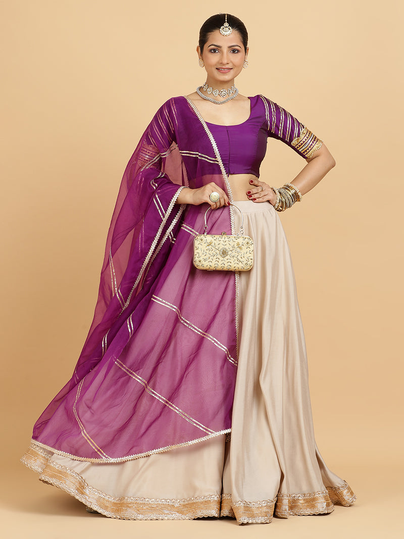 Zainab Anisha 4-Pc Lehenga Set x Tyohaar | Oyster Grey Lehenga, Purple Blouse with Falak Purple Dupatta and Cancan Skirt-Binks