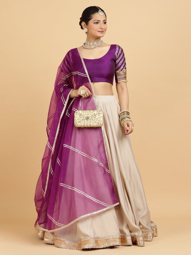 Zainab Anisha 4-Pc Lehenga Set x Tyohaar | Oyster Grey Lehenga, Purple Blouse with Falak Purple Dupatta and Cancan Skirt-Binks