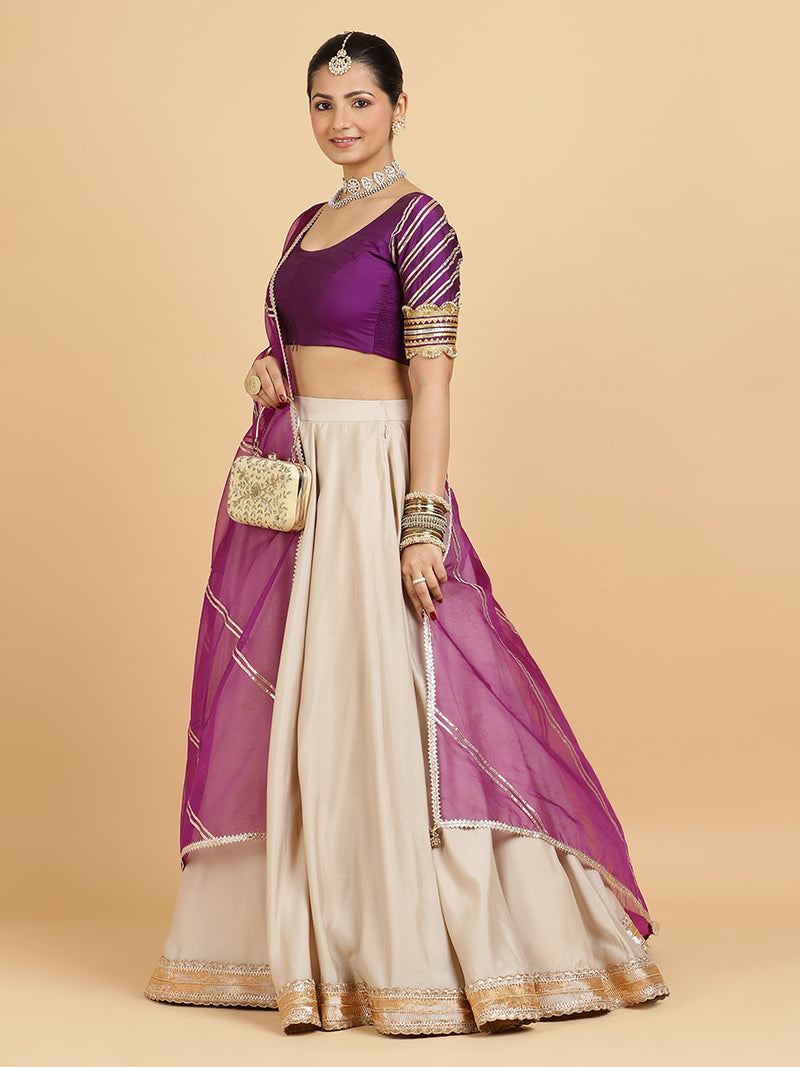 Zainab Anisha 4-Pc Lehenga Set x Tyohaar | Oyster Grey Lehenga, Purple Blouse with Falak Purple Dupatta and Cancan Skirt-Binks