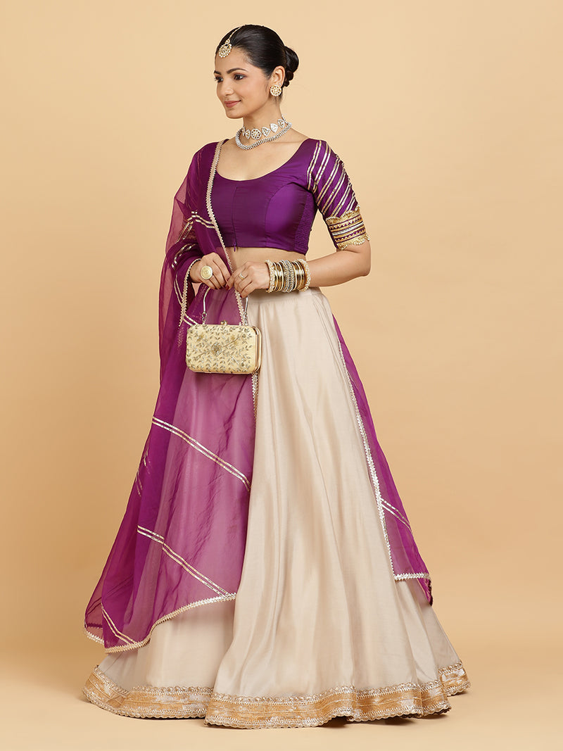 Zainab Anisha 4-Pc Lehenga Set x Tyohaar | Oyster Grey Lehenga, Purple Blouse with Falak Purple Dupatta and Cancan Skirt-Binks