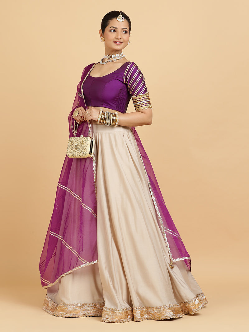 Zainab Anisha 4-Pc Lehenga Set x Tyohaar | Oyster Grey Lehenga, Purple Blouse with Falak Purple Dupatta and Cancan Skirt-Binks