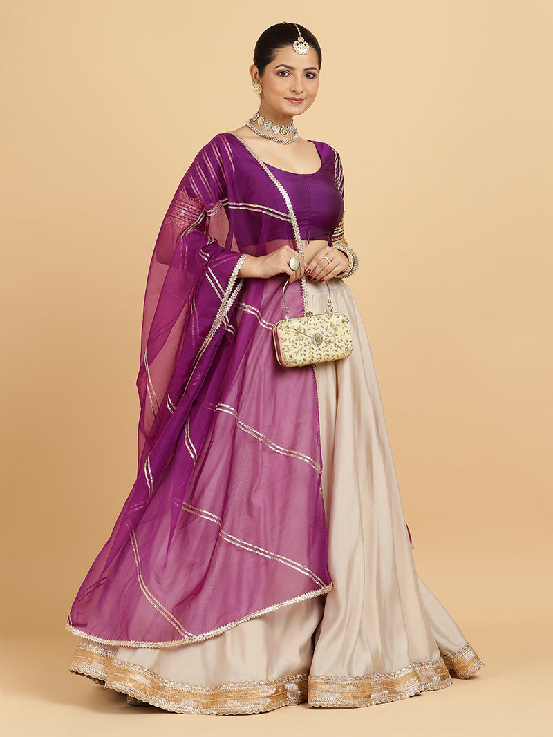 Zainab Anisha 4-Pc Lehenga Set x Tyohaar | Oyster Grey Lehenga, Purple Blouse with Falak Purple Dupatta and Cancan Skirt-Binks