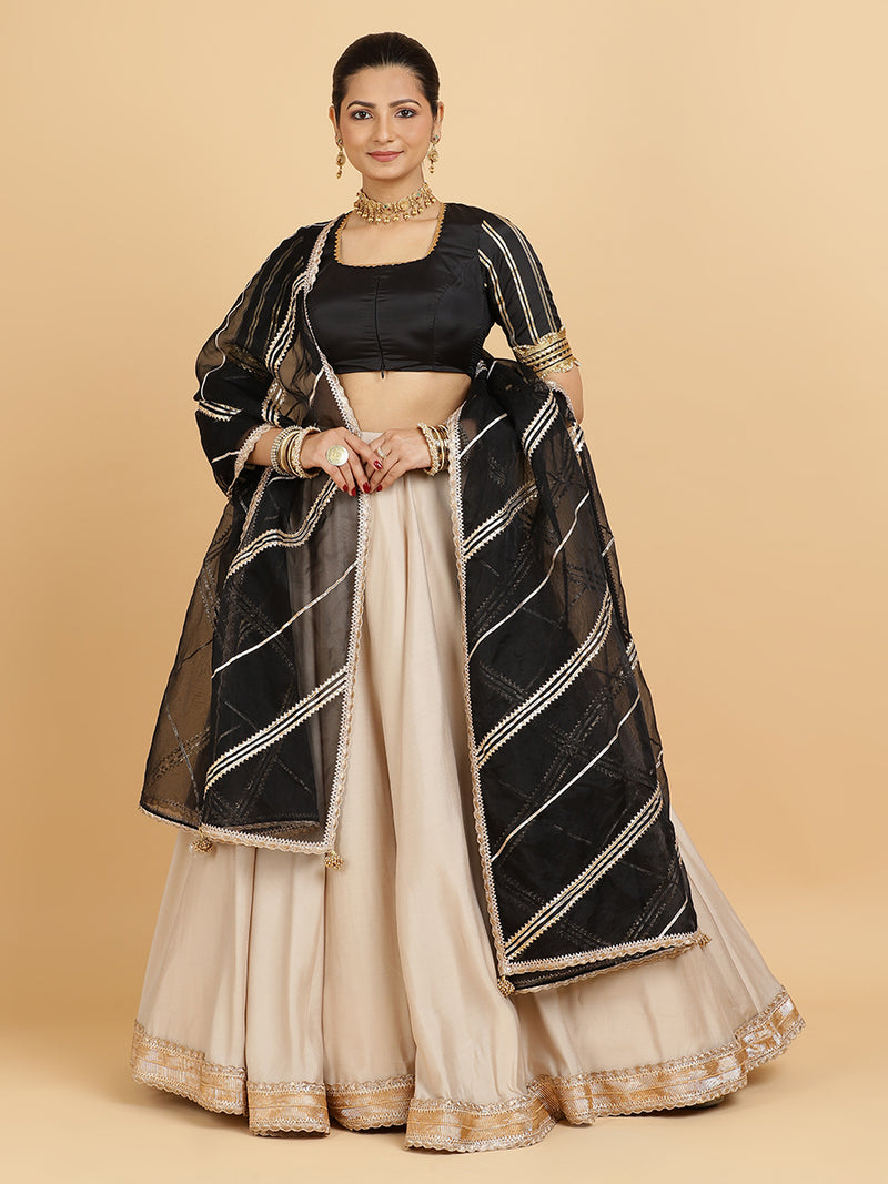 Zainab Aziza 4-Pc Lehenga Set x Tyohaar | Oyster Grey Lehenga, Charcoal Black Blouse with Chandni Black Dupatta and Cancan Skirt-Binks