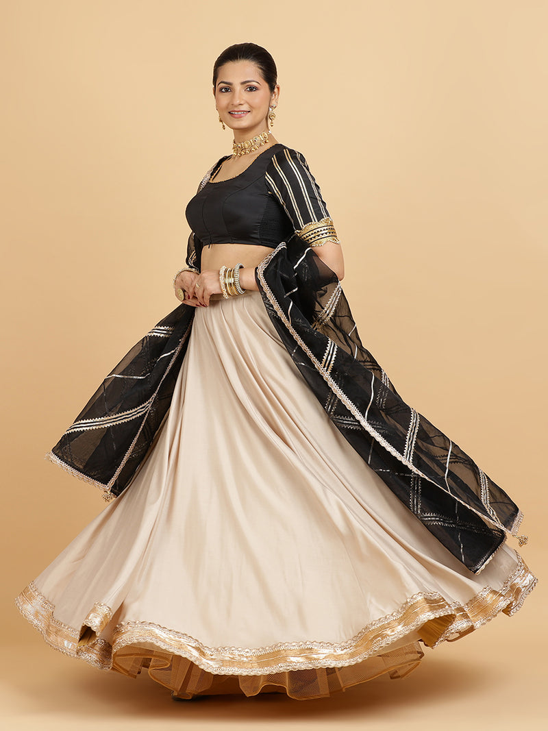 Zainab Aziza 4-Pc Lehenga Set x Tyohaar | Oyster Grey Lehenga, Charcoal Black Blouse with Chandni Black Dupatta and Cancan Skirt-Binks