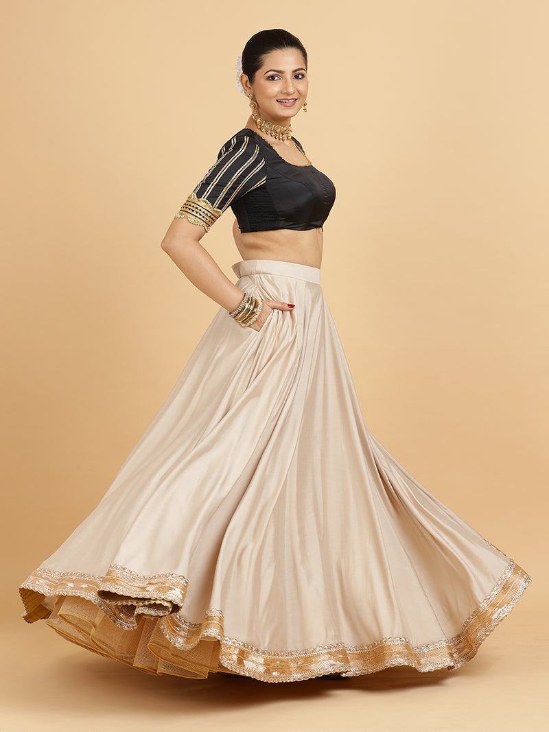 Zainab Aziza 4-Pc Lehenga Set x Tyohaar | Oyster Grey Lehenga, Charcoal Black Blouse with Chandni Black Dupatta and Cancan Skirt-Binks