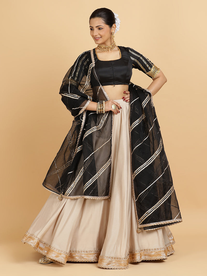 Zainab Aziza 4-Pc Lehenga Set x Tyohaar | Oyster Grey Lehenga, Charcoal Black Blouse with Chandni Black Dupatta and Cancan Skirt-Binks