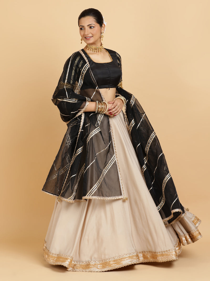 Zainab Aziza 4-Pc Lehenga Set x Tyohaar | Oyster Grey Lehenga, Charcoal Black Blouse with Chandni Black Dupatta and Cancan Skirt-Binks
