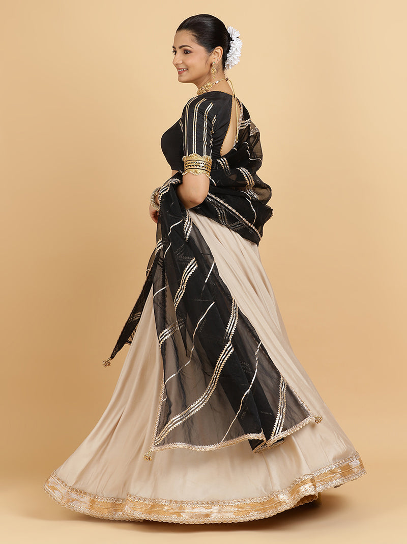 Zainab Aziza 4-Pc Lehenga Set x Tyohaar | Oyster Grey Lehenga, Charcoal Black Blouse with Chandni Black Dupatta and Cancan Skirt-Binks