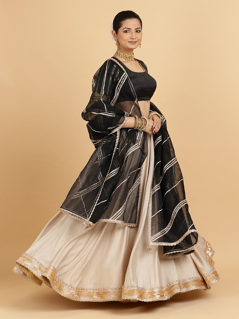 Zainab Aziza 4-Pc Lehenga Set x Tyohaar | Oyster Grey Lehenga, Charcoal Black Blouse with Chandni Black Dupatta and Cancan Skirt-Binks