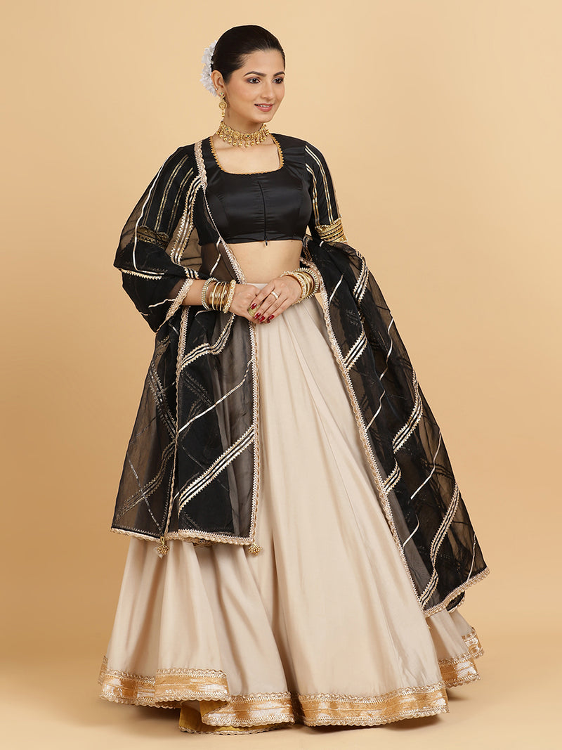 Zainab Aziza 4-Pc Lehenga Set x Tyohaar | Oyster Grey Lehenga, Charcoal Black Blouse with Chandni Black Dupatta and Cancan Skirt-Binks
