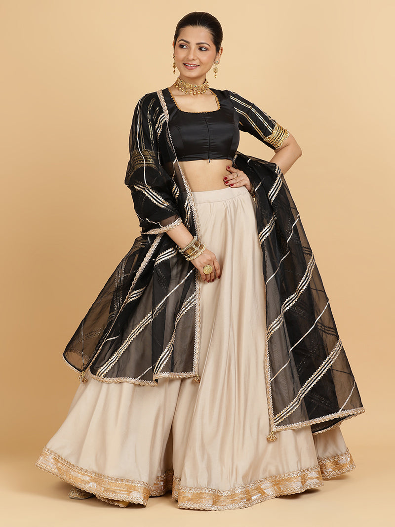 Zainab Aziza 4-Pc Lehenga Set x Tyohaar | Oyster Grey Lehenga, Charcoal Black Blouse with Chandni Black Dupatta and Cancan Skirt-Binks
