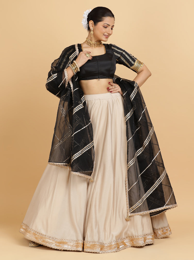 Zainab Aziza 4-Pc Lehenga Set x Tyohaar | Oyster Grey Lehenga, Charcoal Black Blouse with Chandni Black Dupatta and Cancan Skirt-Binks