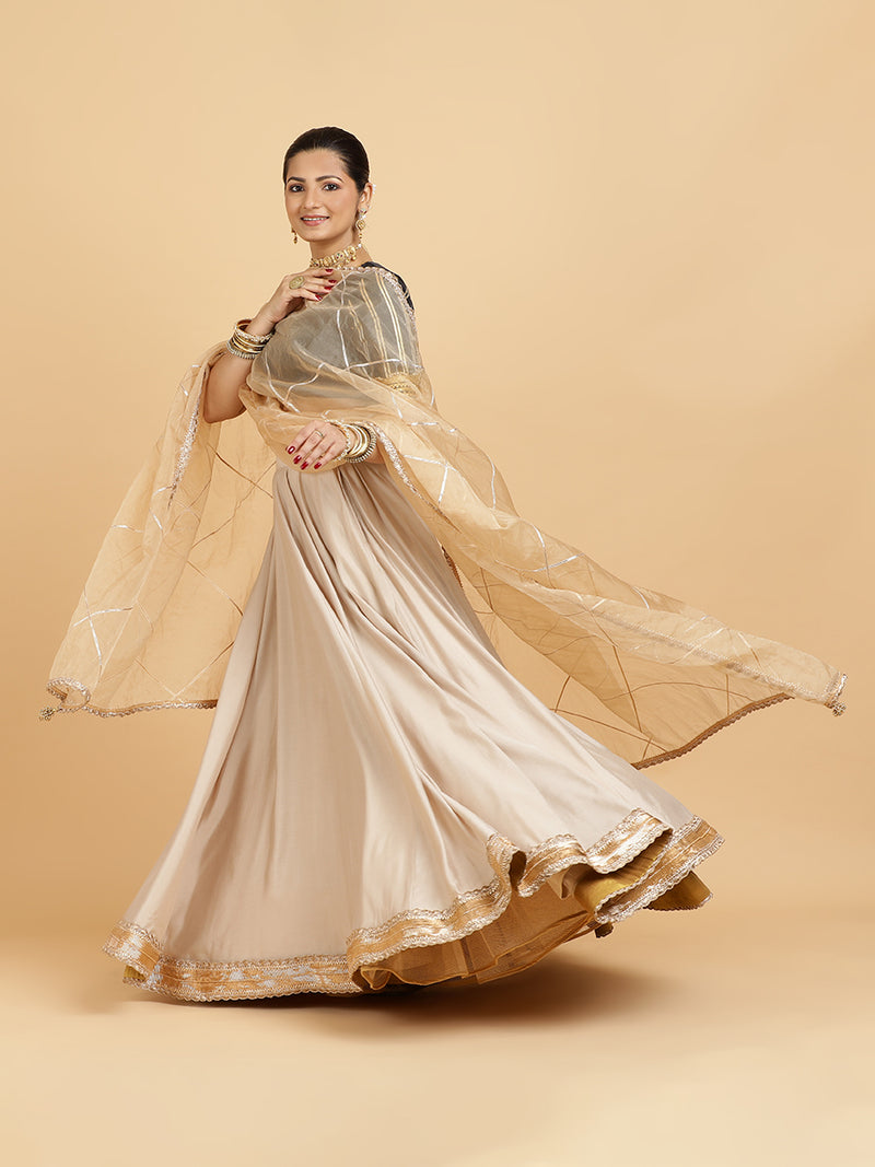 Zainab Aziza 4-Pc Lehenga Set x Tyohaar | Oyster Grey Lehenga, Charcoal Black Blouse with Sunheri Gold Dupatta and Cancan Skirt-Binks