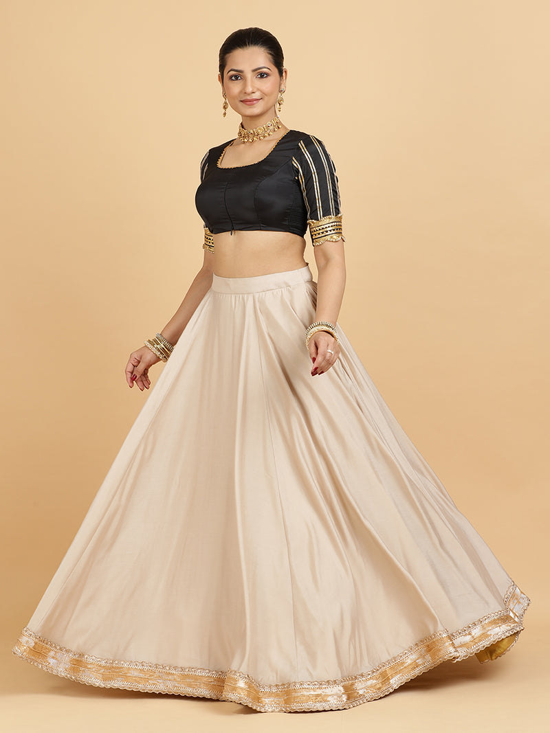 Zainab Aziza 4-Pc Lehenga Set x Tyohaar | Oyster Grey Lehenga, Charcoal Black Blouse with Sunheri Gold Dupatta and Cancan Skirt-Binks